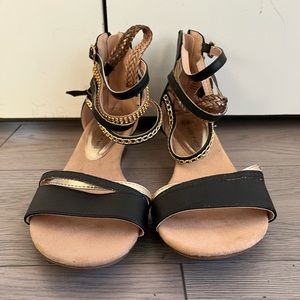Black & gold gladiator style mini wedge sandals